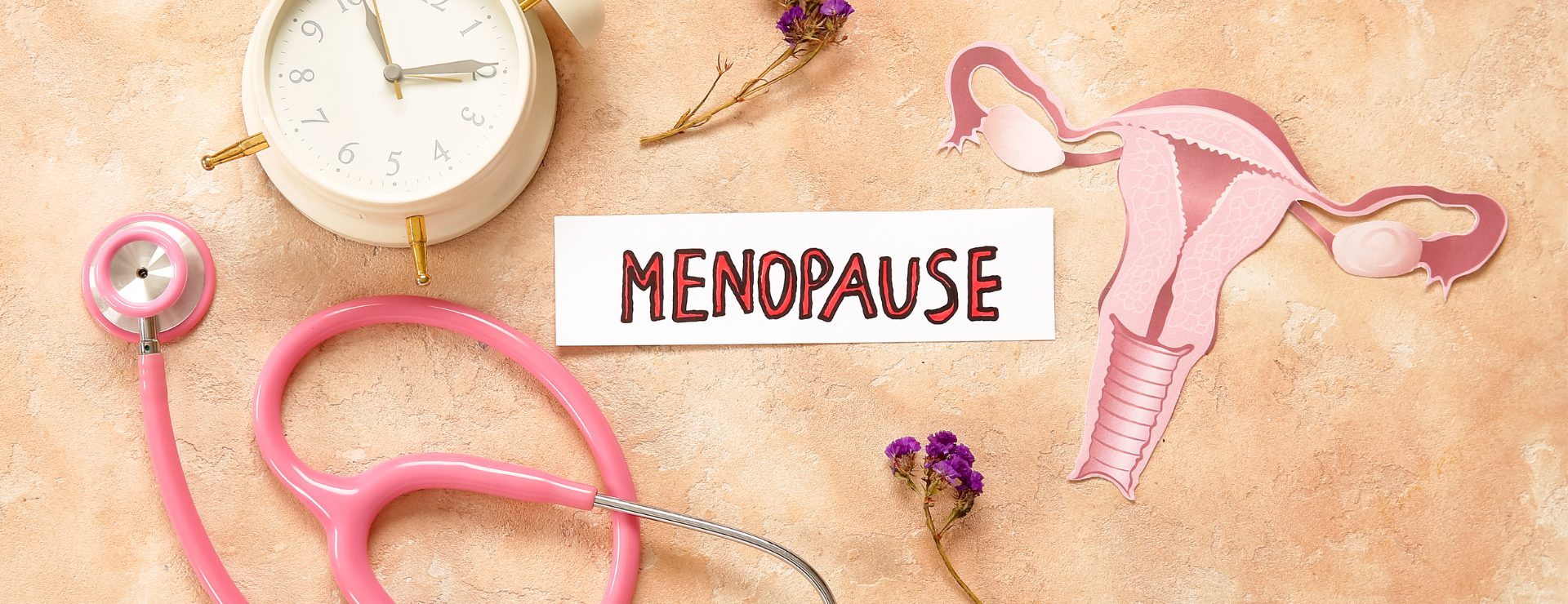 A clock, pink stethoscope and a diagram of the female reproductive organs surrounding the word 'Menopause'.